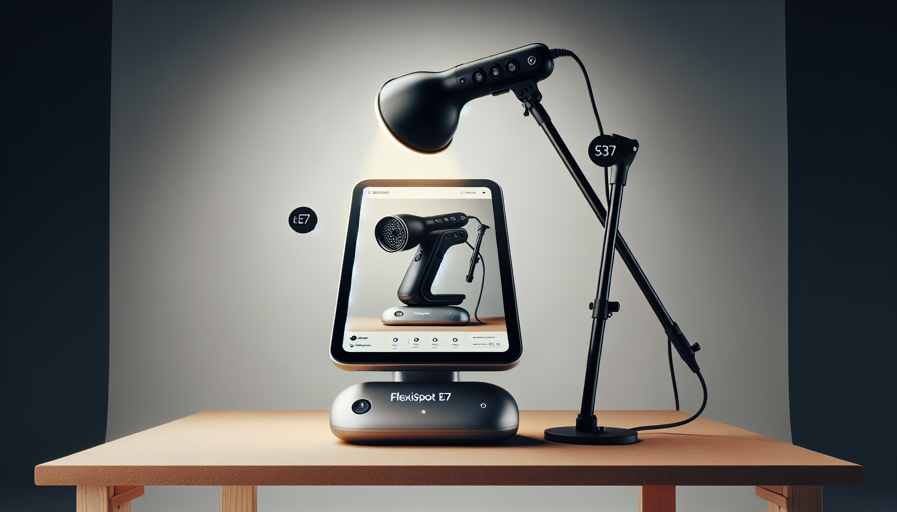 FlexiSpot E7と黒いデスクライト