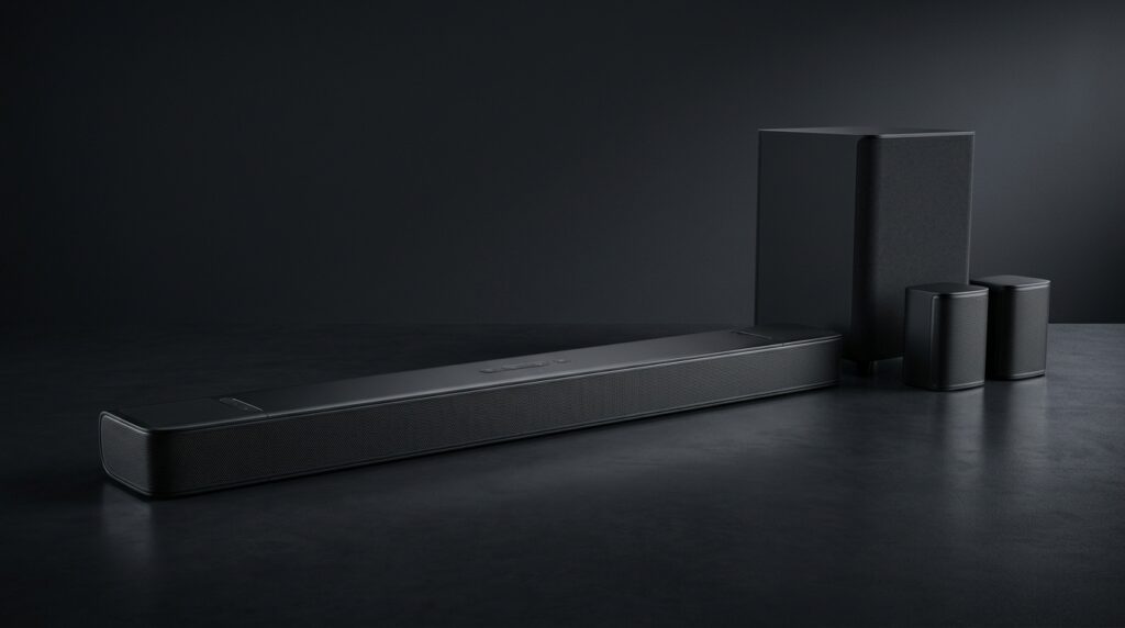 黒いサウンドバーとスピーカーセット