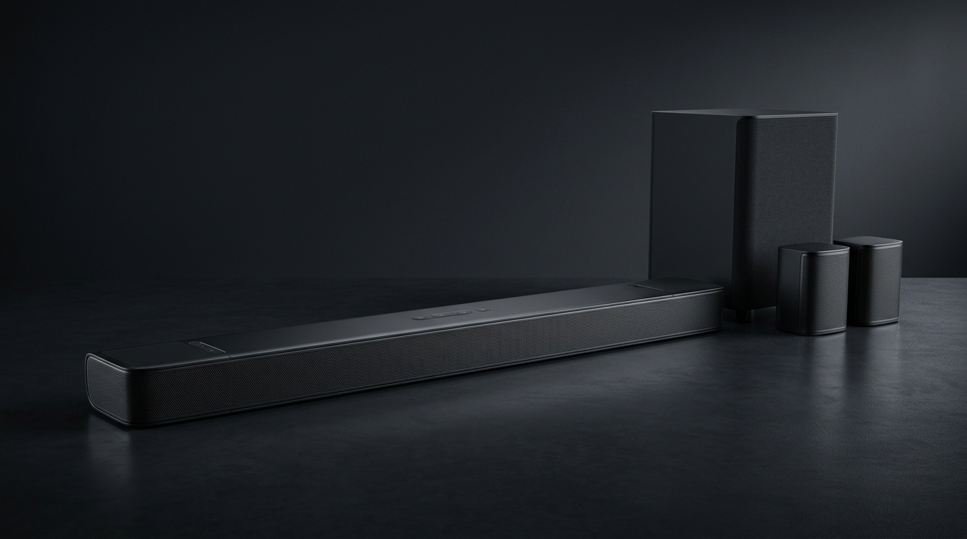 黒いサウンドバーとスピーカーセット