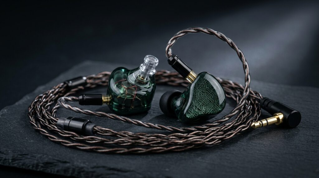 緑色の有線インイヤーモニター