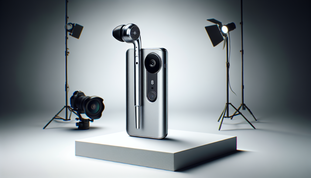 銀色のカメラ付きデバイスとイヤホン