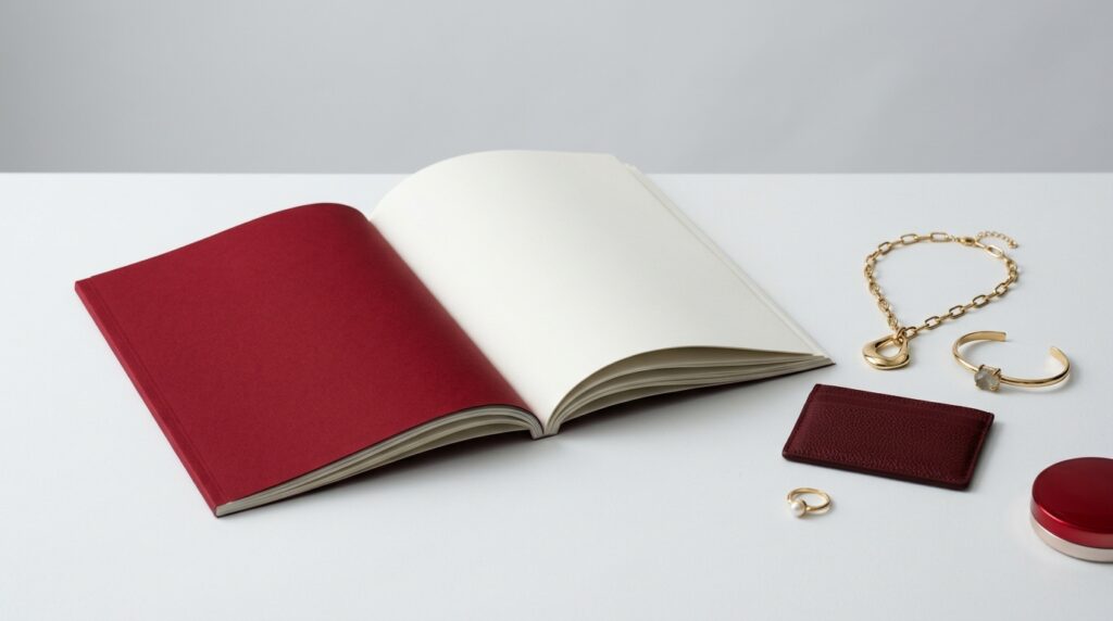 赤いノートとゴールドアクセサリー