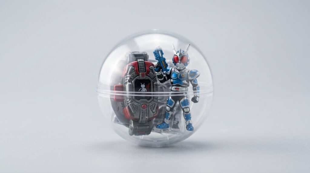カプセル入りの青いヒーロー人形と赤いメカのおもちゃ