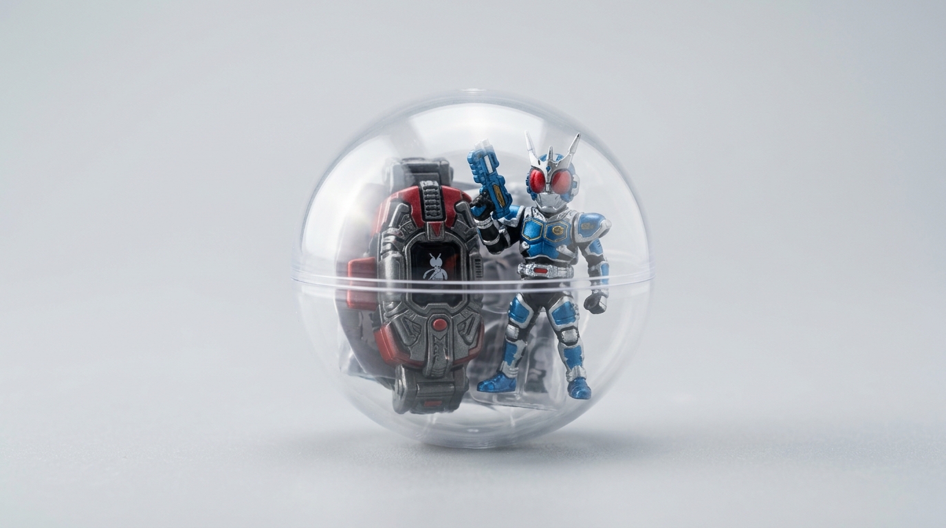 カプセル入りの青いヒーロー人形と赤いメカのおもちゃ