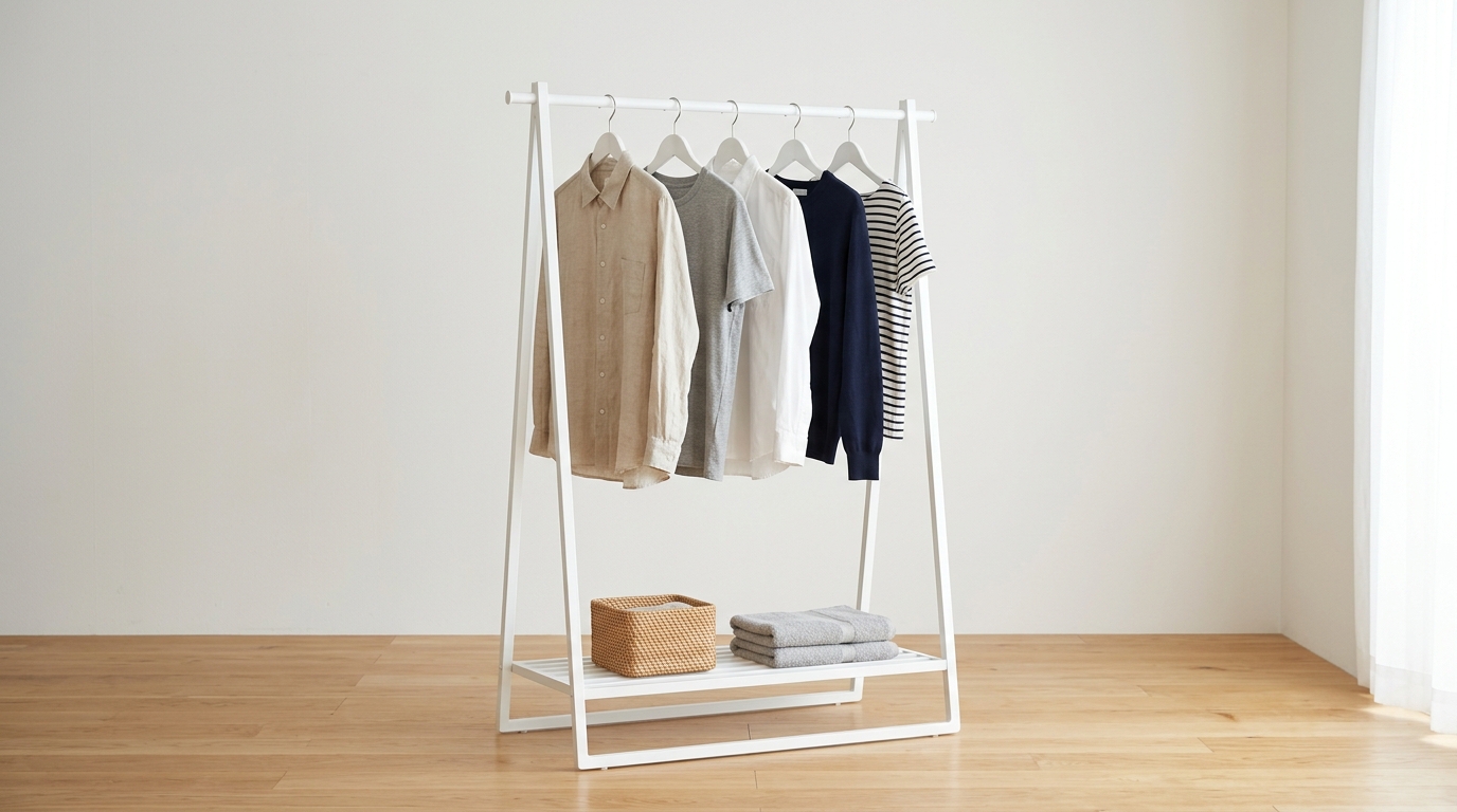 白い衣類ラックに衣類、籠、タオル