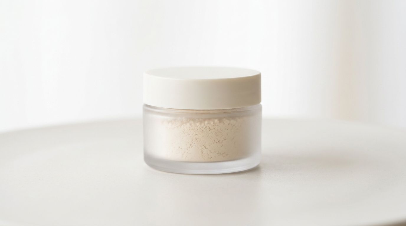 白い蓋のすりガラス容器のベージュ粉末