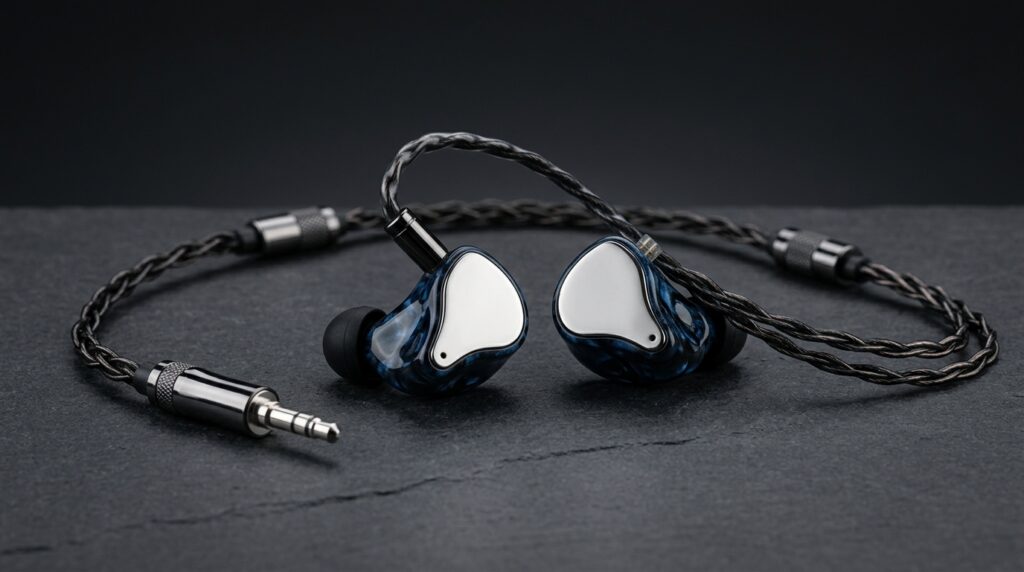 青と白の有線インイヤーモニター