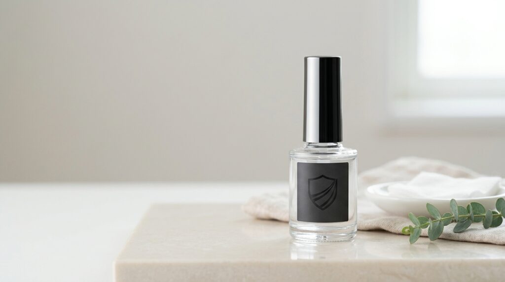 盾ロゴの化粧品ボトル