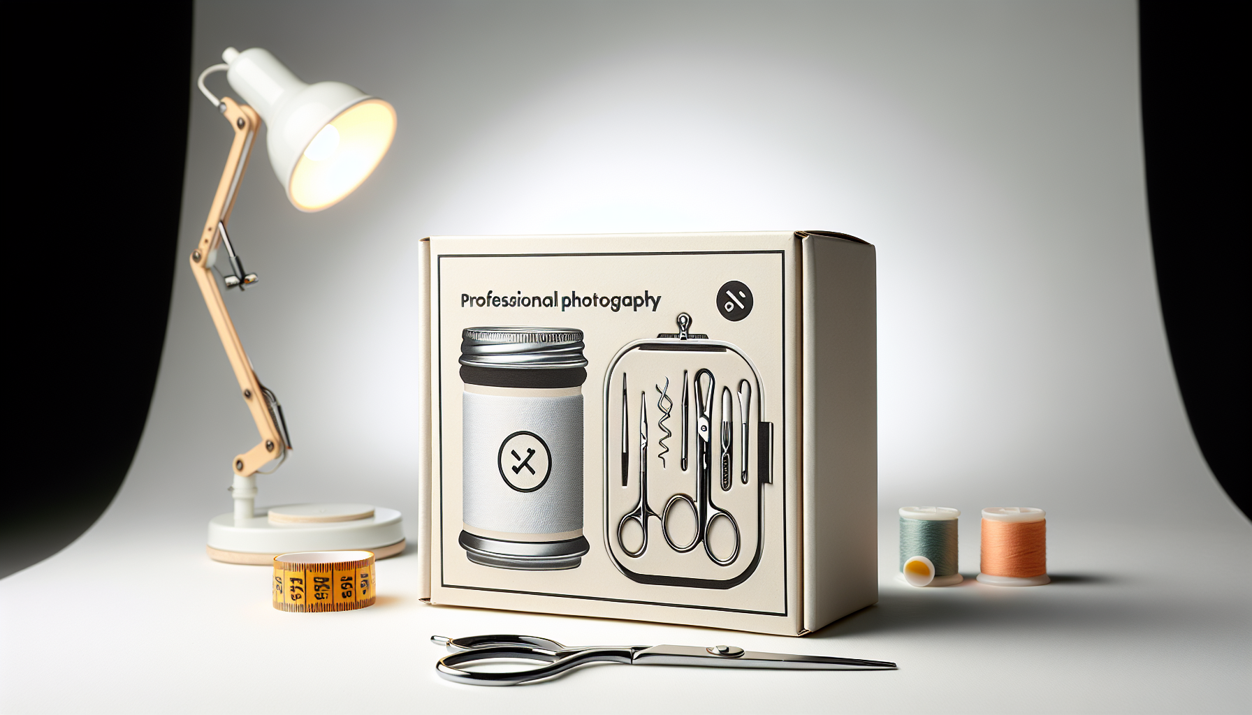 裁縫道具の箱、デスクランプ、巻尺、ハサミ