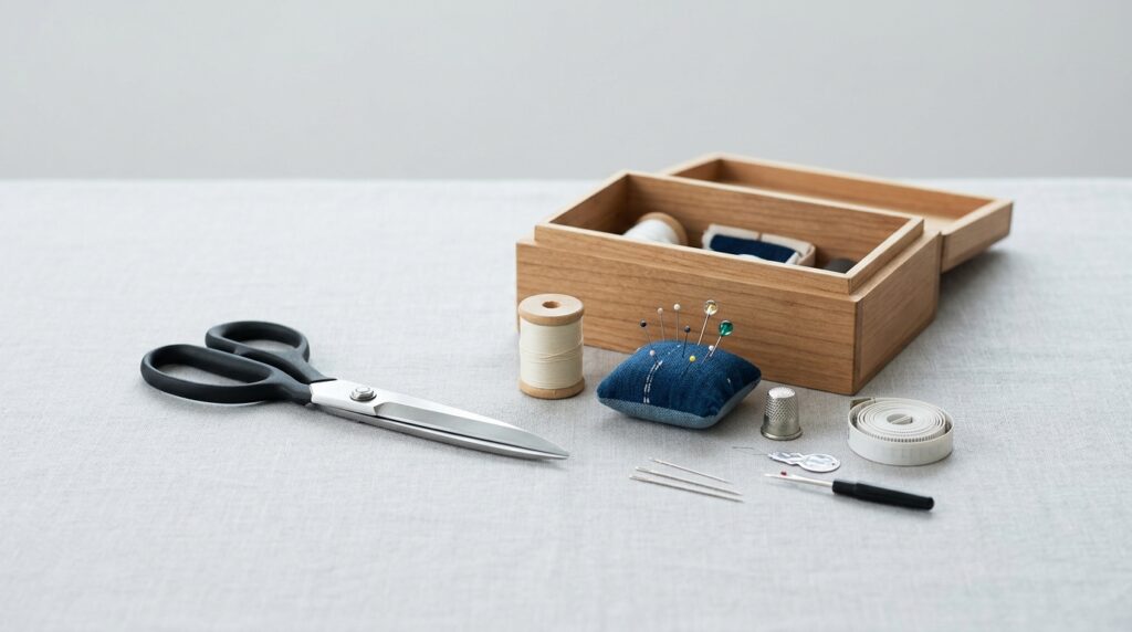 木製裁縫箱と裁縫道具