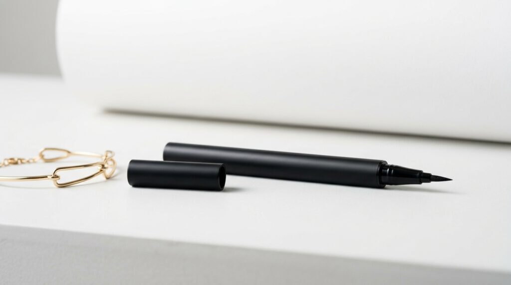 黒いアイライナーと金色のブレスレット