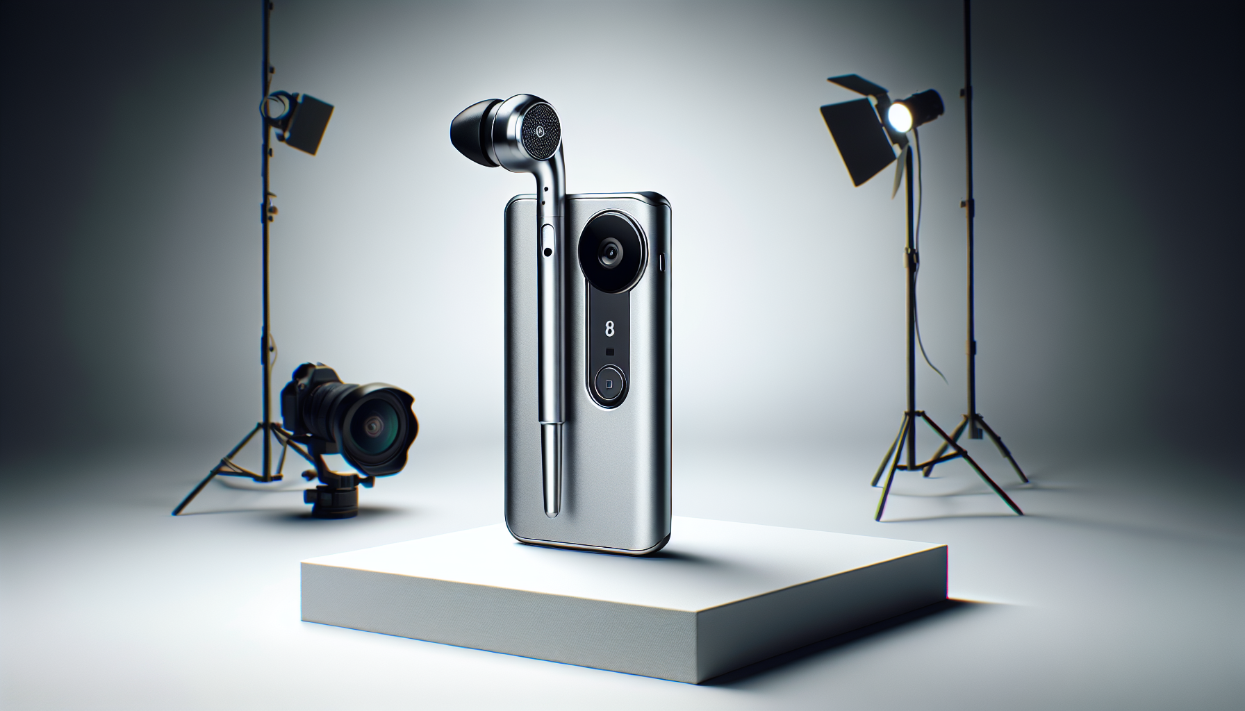 銀色のカメラ付きデバイスとイヤホン