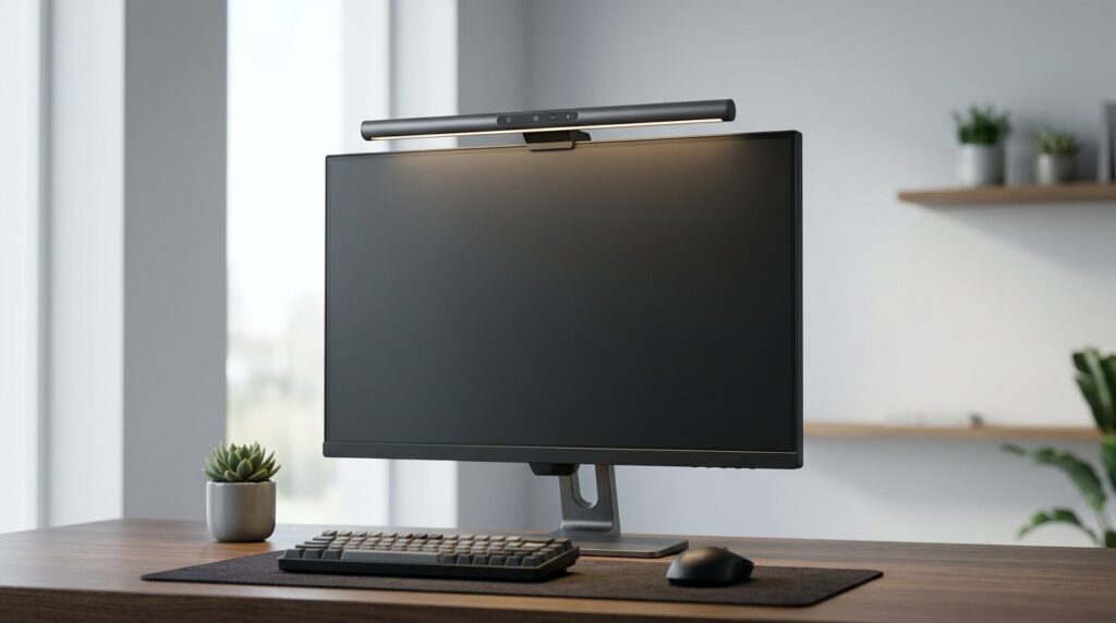 PCモニター、キーボード、マウスのある机