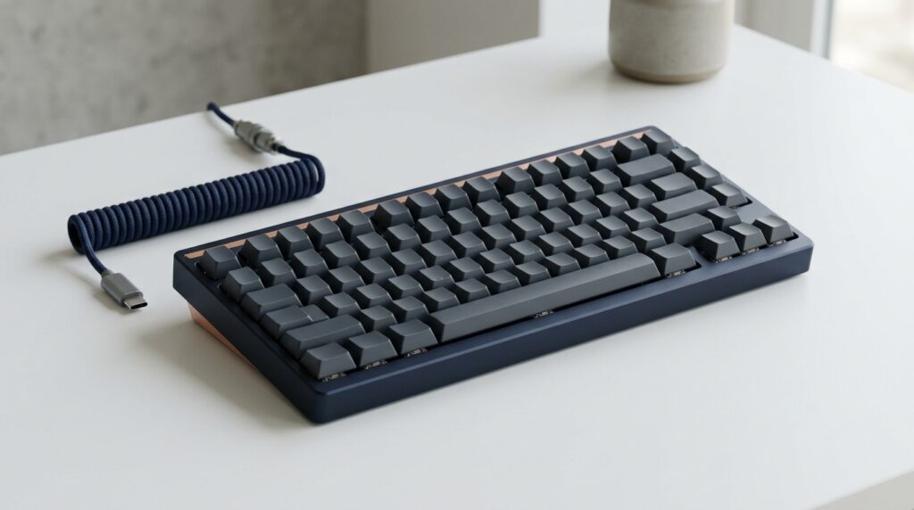 濃紺の有線キーボードとコイルケーブル