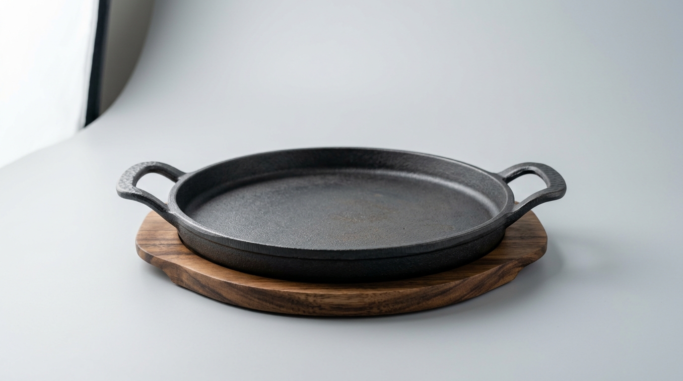 黒い丸型鋳鉄製フライパンと木製鍋敷き