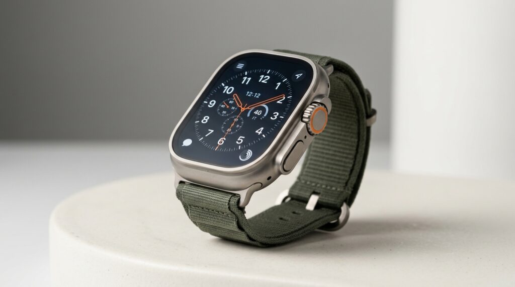 オリーブグリーンのバンド付きApple Watch Ultra
