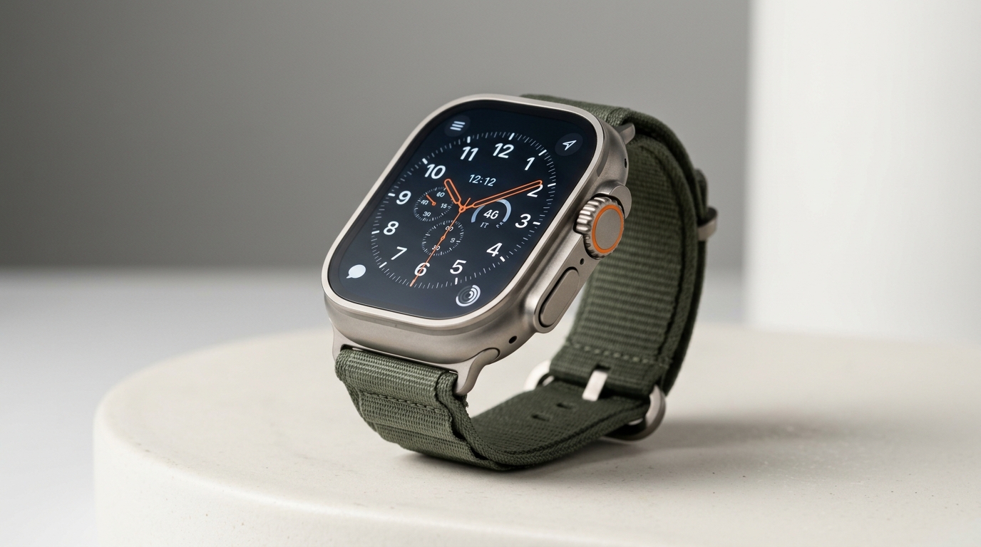 オリーブグリーンのバンド付きApple Watch Ultra