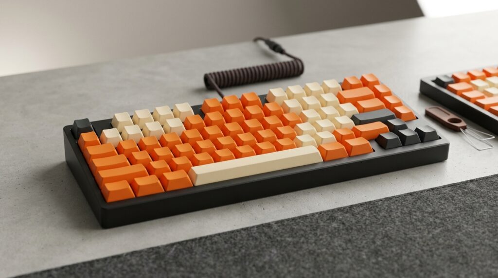 オレンジと白のキーボードとコイルケーブル