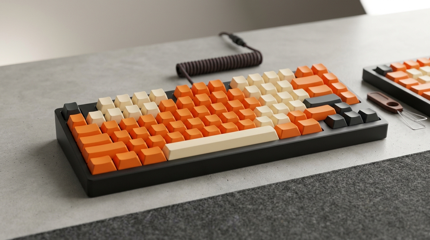 オレンジと白のキーボードとコイルケーブル