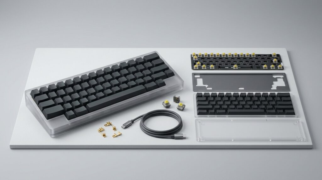 透明ケースのメカニカルキーボードと部品