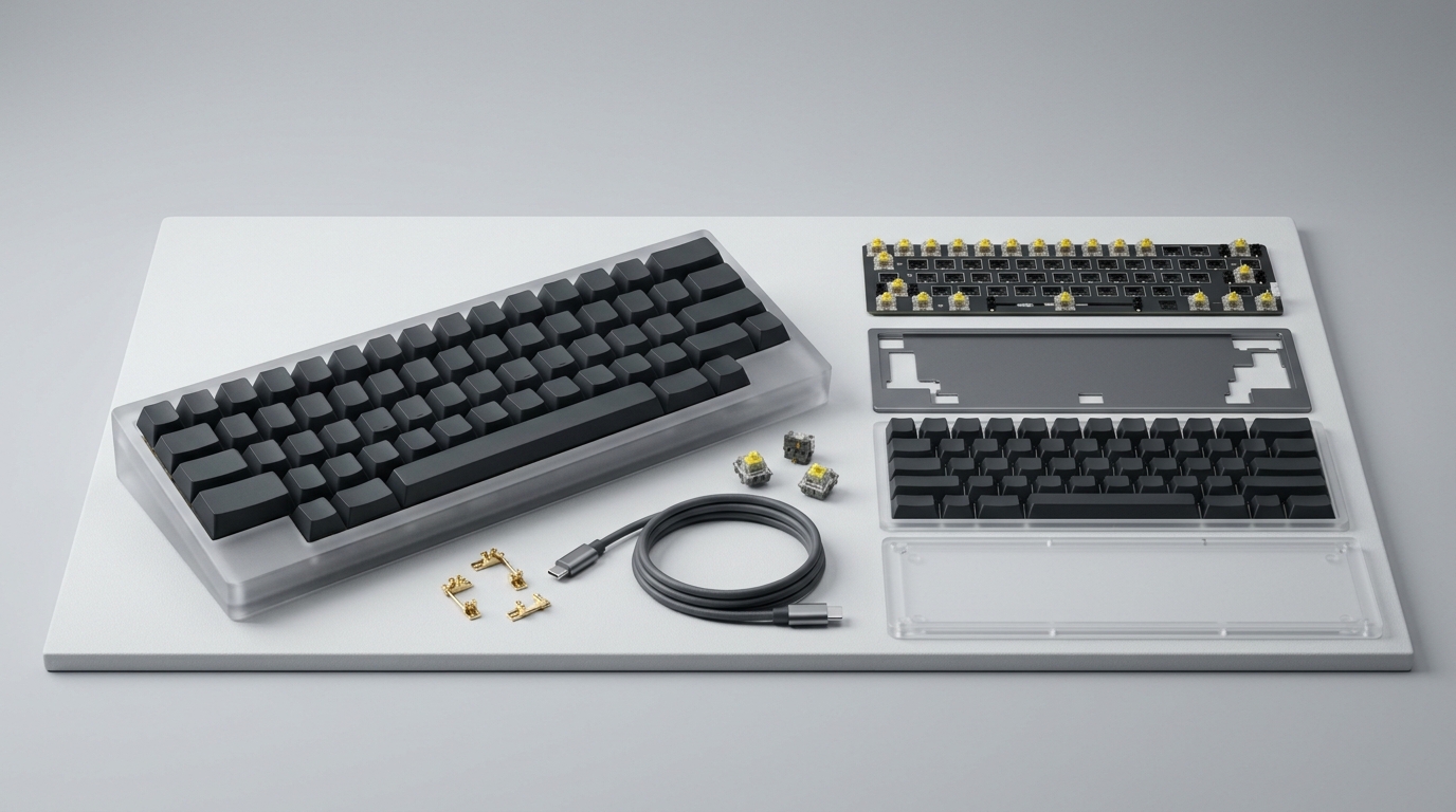 透明ケースのメカニカルキーボードと部品