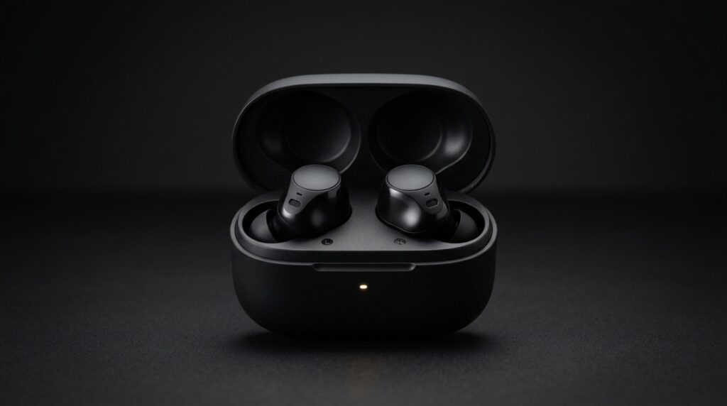黒いワイヤレスイヤホン入り充電ケース
