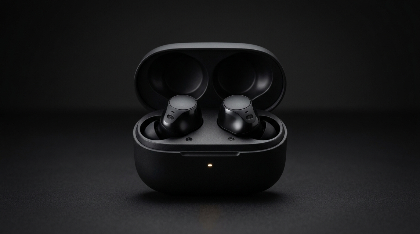 黒いワイヤレスイヤホン入り充電ケース