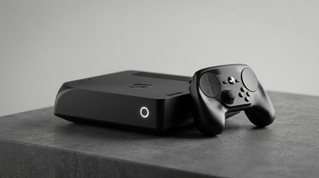 黒いSteamゲーム機とコントローラー