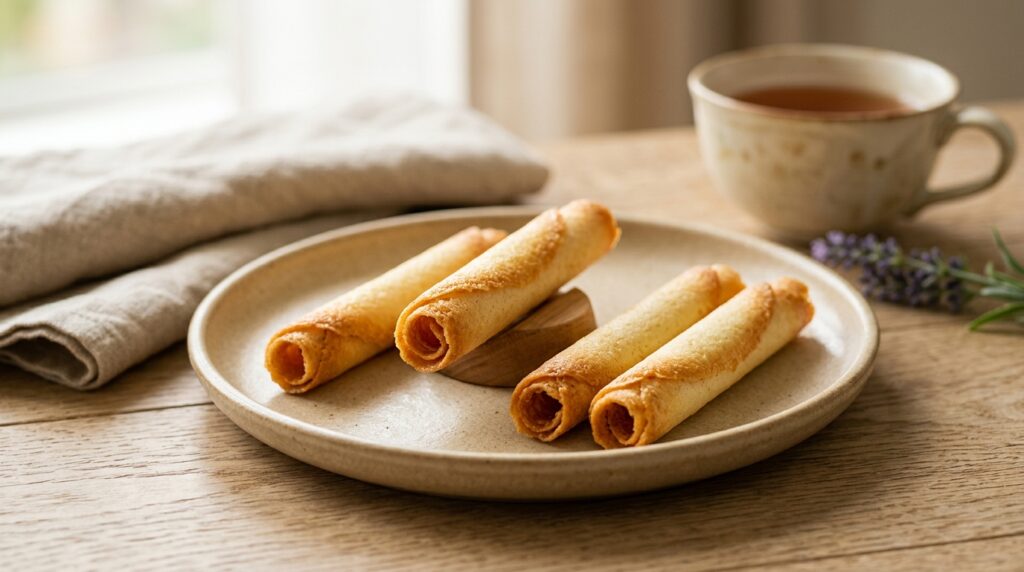 皿に並んだラングドシャ風クッキーとお茶