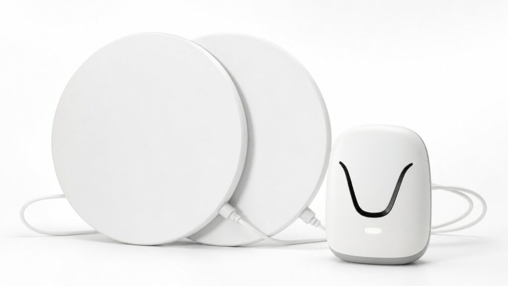 2つの丸いパッドと発信機付きのワイヤレス充電器